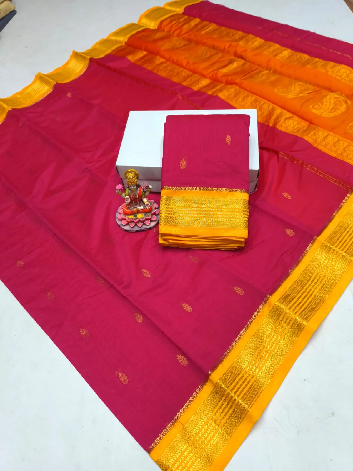 Rani Pink Mango Butta Korvai Kuppadam Silk Cotton Saree